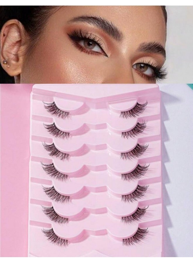 Beauenty 7 Pairs Half Lashes Natural Look Wispy Soft Strip Mink Eyelashes Cat Eye 3D Curl Short False Lashes, False Eyelashes with Clear Terrier, Reusable Fake Eyelashes, Ideal for Girls and Women Daily Use - Image 1