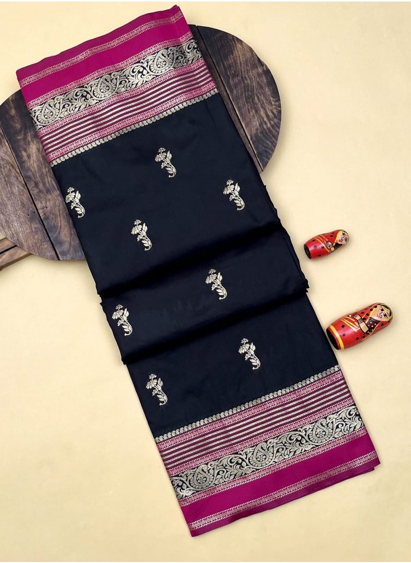 Grab Mantra - Black Soft Silk Saree With Pink Border Plus Unstitched Blouse - Image 1
