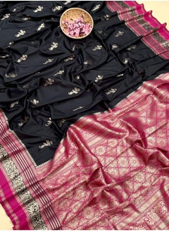 Black Soft Silk Saree With Pink Border Plus Unstitched Blouse
