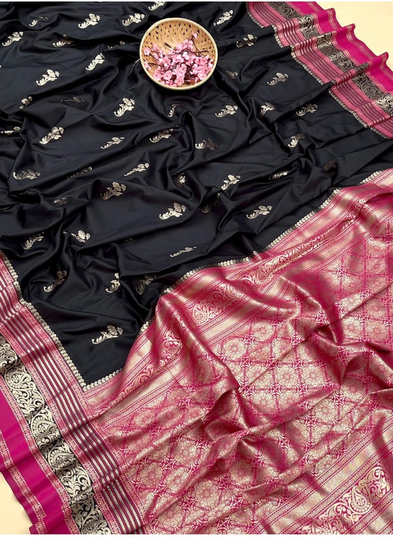 Grab Mantra - Black Soft Silk Saree With Pink Border Plus Unstitched Blouse - Image 1