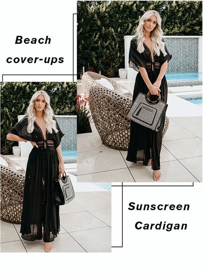 Realfrog Women Lace-up Beach Blouse Cover Beachwear Up Embroidery Mesh Dress Kimonos Bathing Suit Sunscreen Swim Skirt Hollow Lace Cardigan for Summer - Image 5
