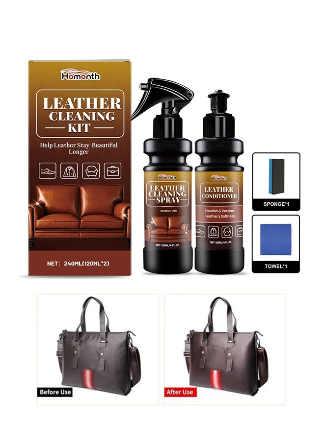 Homonth Leather Cleaning Care Kit, with Sponge Towel - 120ml Leather Cleaner Spray and 120ml Leather Conditioner, Nourishing Care Shine Renovation Antifouling, Leather Furniture Cleaner for Leather Sofas Car Seats, All Leather Items - Image 1