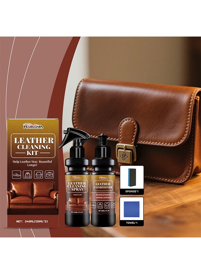 Homonth Leather Cleaning Care Kit, with Sponge Towel - 120ml Leather Cleaner Spray and 120ml Leather Conditioner, Nourishing Care Shine Renovation Antifouling, Leather Furniture Cleaner for Leather Sofas Car Seats, All Leather Items - Image 5