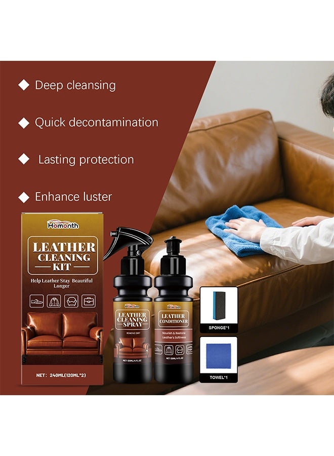 Homonth Leather Cleaning Care Kit, with Sponge Towel - 120ml Leather Cleaner Spray and 120ml Leather Conditioner, Nourishing Care Shine Renovation Antifouling, Leather Furniture Cleaner for Leather Sofas Car Seats, All Leather Items - Image 3