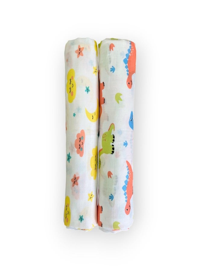 TEETAR Muslin Cotton Baby Swaddle Wraps - Pack of 2, Large 100x100 cm | Soft, Breathable & Lightweight Swaddle Blankets for Newborns | Multi-Use Baby Wraps, Dinosaur & Cloud Print - Image 1
