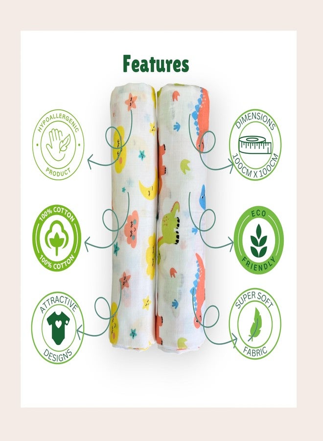 TEETAR Muslin Cotton Baby Swaddle Wraps - Pack of 2, Large 100x100 cm | Soft, Breathable & Lightweight Swaddle Blankets for Newborns | Multi-Use Baby Wraps, Dinosaur & Cloud Print - Image 4