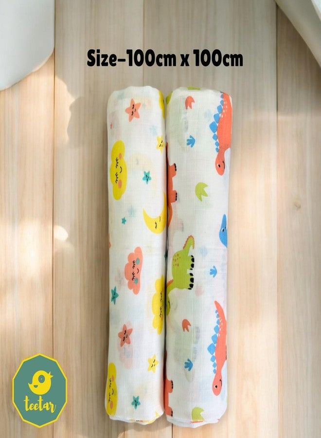 TEETAR Muslin Cotton Baby Swaddle Wraps - Pack of 2, Large 100x100 cm | Soft, Breathable & Lightweight Swaddle Blankets for Newborns | Multi-Use Baby Wraps, Dinosaur & Cloud Print - Image 5