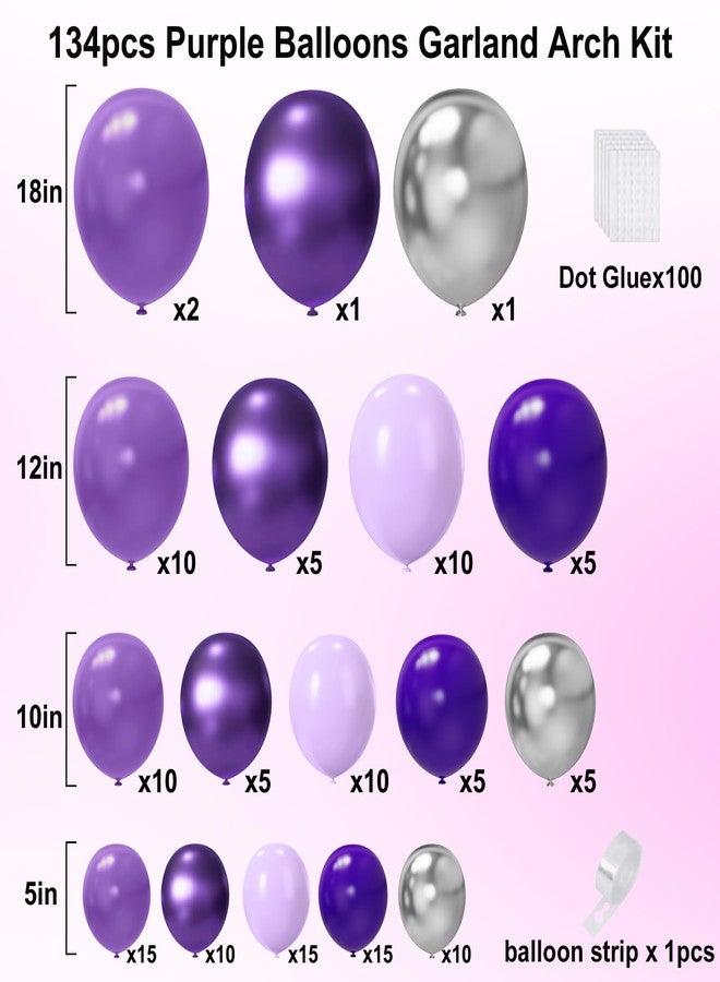 YMSZ Purple Balloon Garland Arch Kit, 134PCS Purple and Silver Balloons with Different Size Dark Purple Metallic Purple Balloons for Purple Theme Party, Birthday, Wedding, Baby Shower Decorations - Image 2