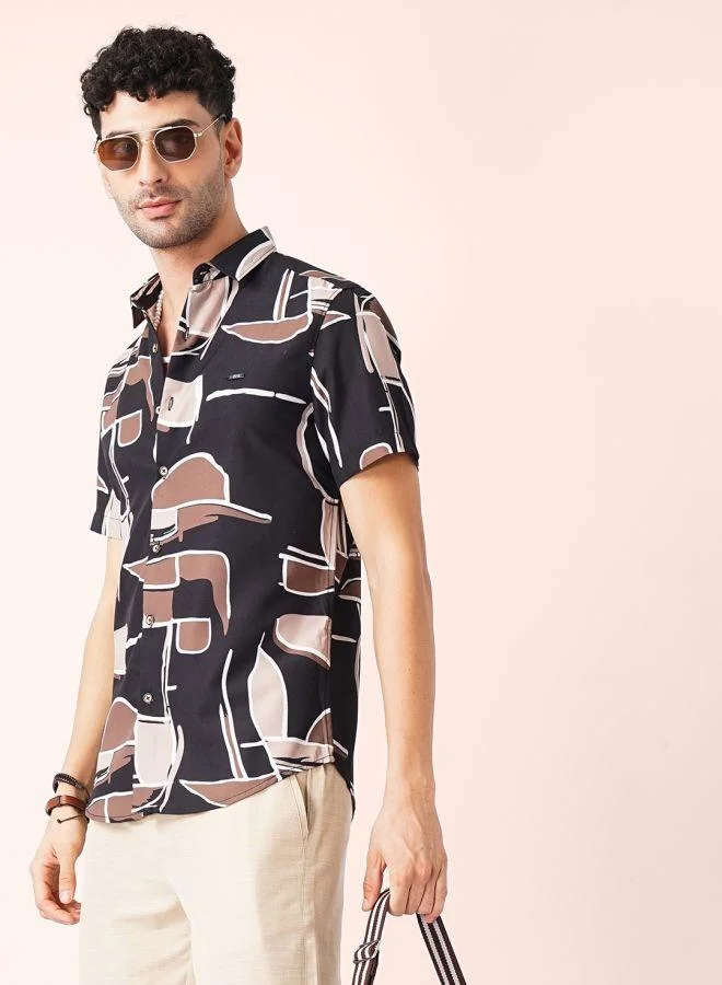 The Indian Garage Co  Men Slim Fit Abstract Printed Half Sleeves Spread Collar Resort Wear Shirt for Men | Best Price UAE