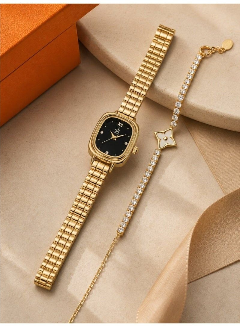 shengke 2Pcs Women's Vintage Gold Watch Bracelet Gift Set, Square Black Dial Quartz Wrist Watch with Clover Rhinestone Bracelet, Elegant Drawer Gift Box, Fashion Dress Watch Jewelry Set for Women, Ideal Gift for Birthday Anniversary - Image 4