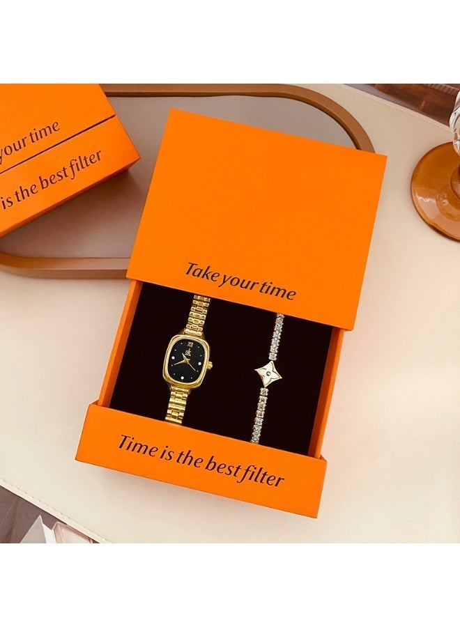 shengke 2Pcs Women's Vintage Gold Watch Bracelet Gift Set, Square Black Dial Quartz Wrist Watch with Clover Rhinestone Bracelet, Elegant Drawer Gift Box, Fashion Dress Watch Jewelry Set for Women, Ideal Gift for Birthday Anniversary - Image 3