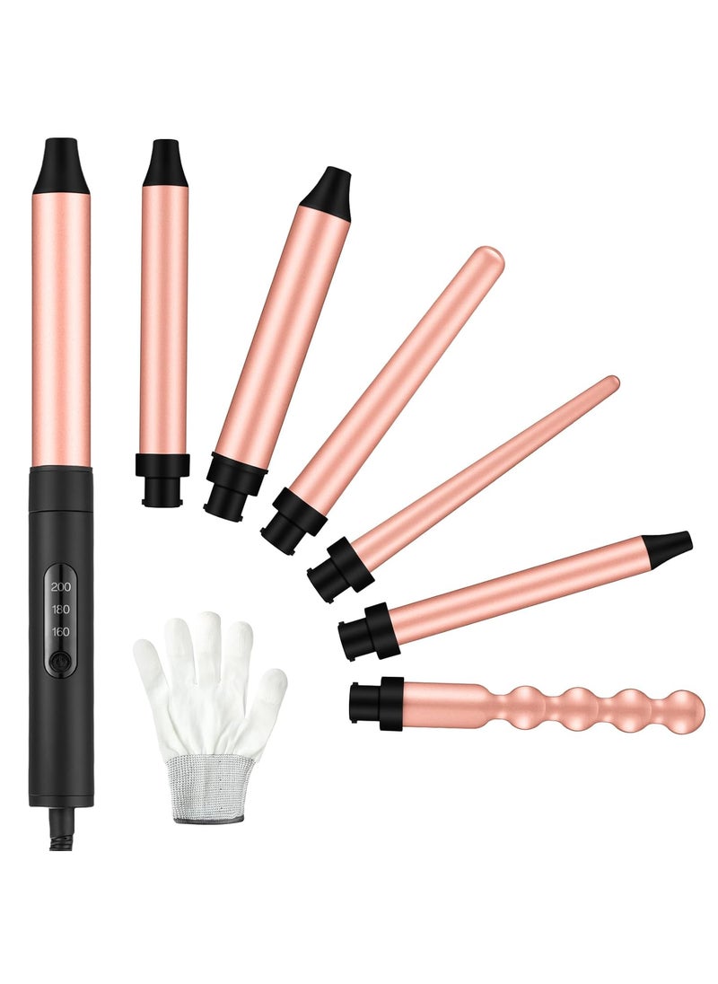 WILLBOND WILLBOND 6 in 1 Curling Iron Set Instant Heat up Curling Wand with 6 Interchangeable Ceramic Barrels and 3 Temperature Adjustments Curler Set Fast Heating Hair Wand Curler with Protective Glove 