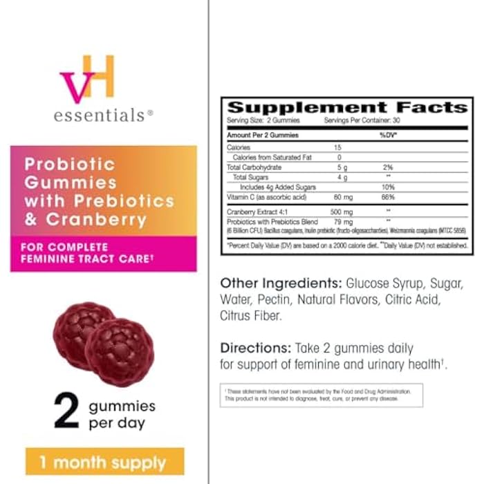 vH Essentials Probiotic Gummies with Prebiotics & Cranberry, Concentrated Extract for Urinary Tract Health, Supports Vaginal Microflora Balance for a Healthy Feminine Tract, 60 Count - Image 5