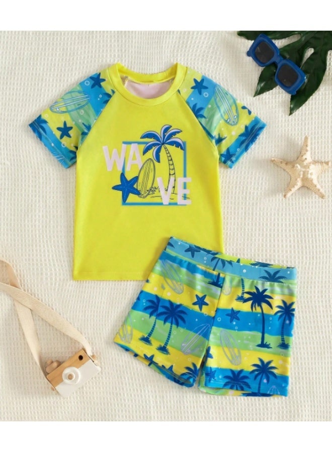 Boys' swimsuit shorts and top with sea print - yellow and blue (3-4 years) - Image 1