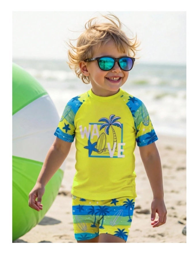 Boys' swimsuit shorts and top with sea print - yellow and blue (3-4 years) - Image 2