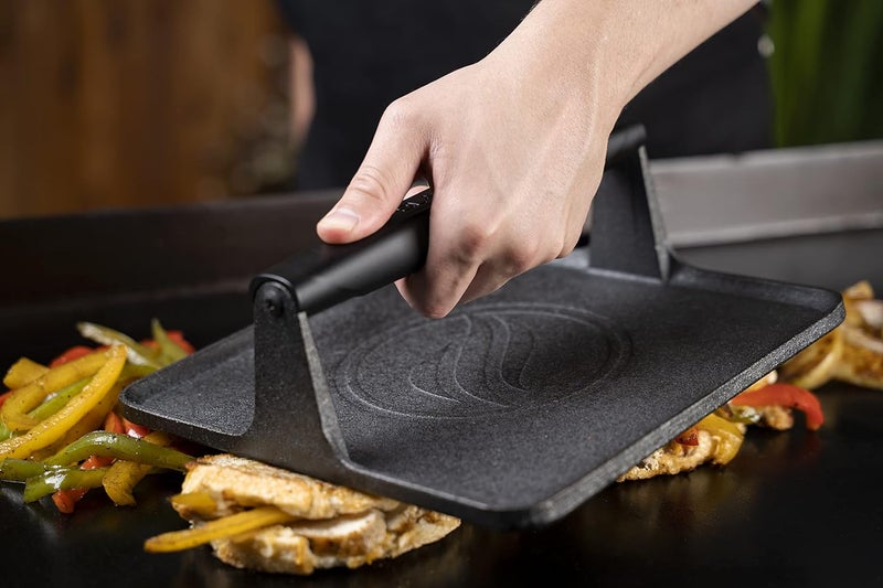 BLACKSTONE 5554 Pre-Seasoned Signature Cast Iron Griddle Grill Press XL Extra Wide Base Heavy Duty-Meat, Burger, Bacon, Steak, Sausage Heat Resistant Handle-10” x 10” x 4” (Square), Black - Image 2