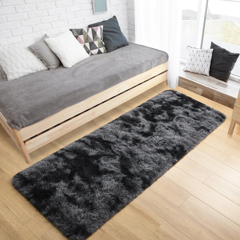Tepook Fluffy Runner Rugs for Bedroom Aesthetic 2x6 Feet  Shag Soft Bedside Rug with Non-Slip Bottom  Fuzzy Plush Carpet for Room  Hallway Rug for Nursery Dorm Indoor Home Decor  Tie-dye Dark Grey - Image 3