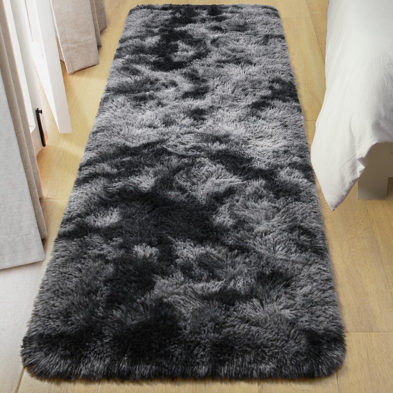 Tepook Fluffy Runner Rugs for Bedroom Aesthetic 2x6 Feet  Shag Soft Bedside Rug with Non-Slip Bottom  Fuzzy Plush Carpet for Room  Hallway Rug for Nursery Dorm Indoor Home Decor  Tie-dye Dark Grey - Image 2
