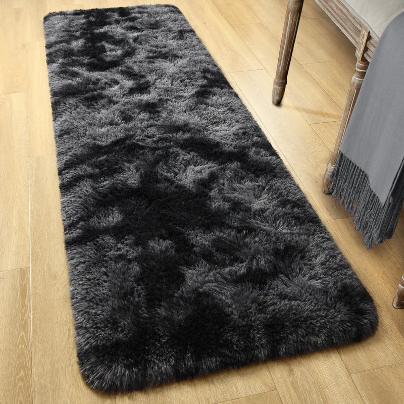 Tepook Fluffy Runner Rugs for Bedroom Aesthetic 2x6 Feet  Shag Soft Bedside Rug with Non-Slip Bottom  Fuzzy Plush Carpet for Room  Hallway Rug for Nursery Dorm Indoor Home Decor  Tie-dye Dark Grey - Image 1
