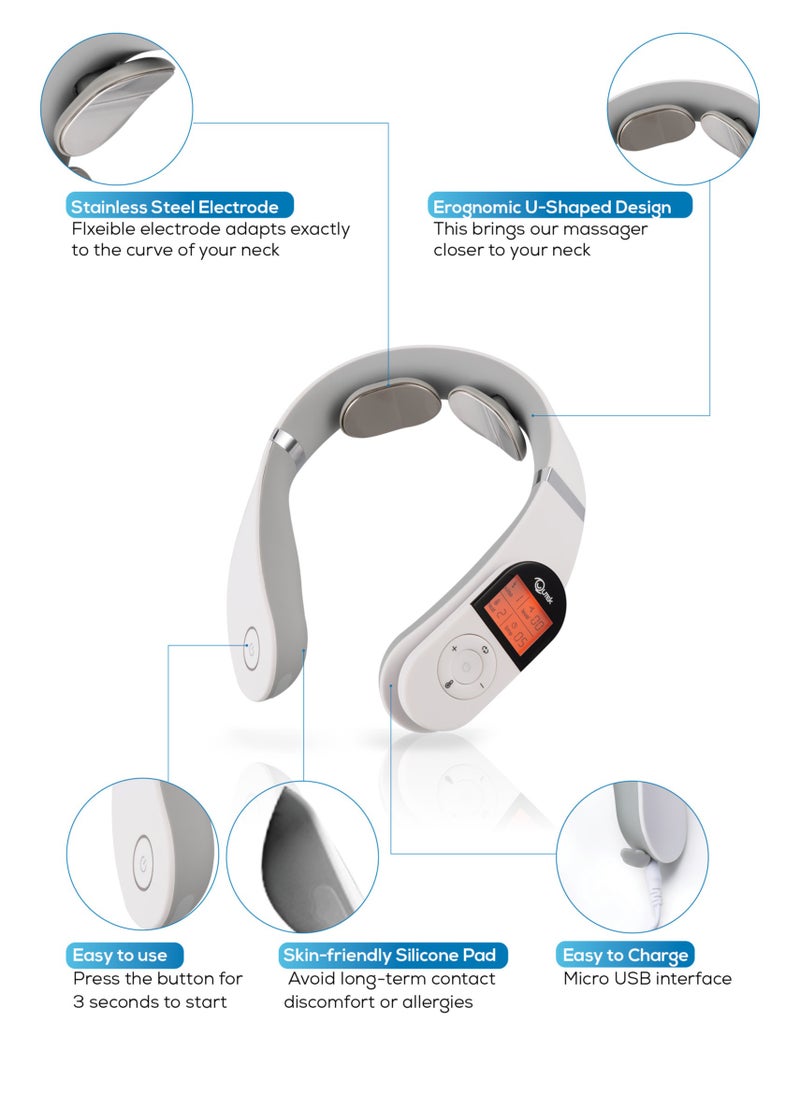 Qutek MagiCure Intelligent Electric Neck Massager TENS technology Pain and Fatigue relief 6 Modes 16 Levels Remote control Cordless Deep Tissue Trigger Point Cervical Massager 1 year Warranty
