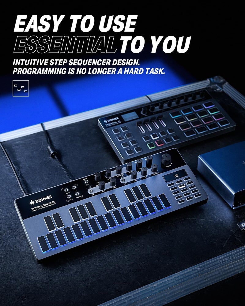 Donner SYN BASS Analog Synthesizer and Sequencer with 128 Patterns, Saturation and Delay Effects, LED Display, MIDI IN/OUT - Image 3