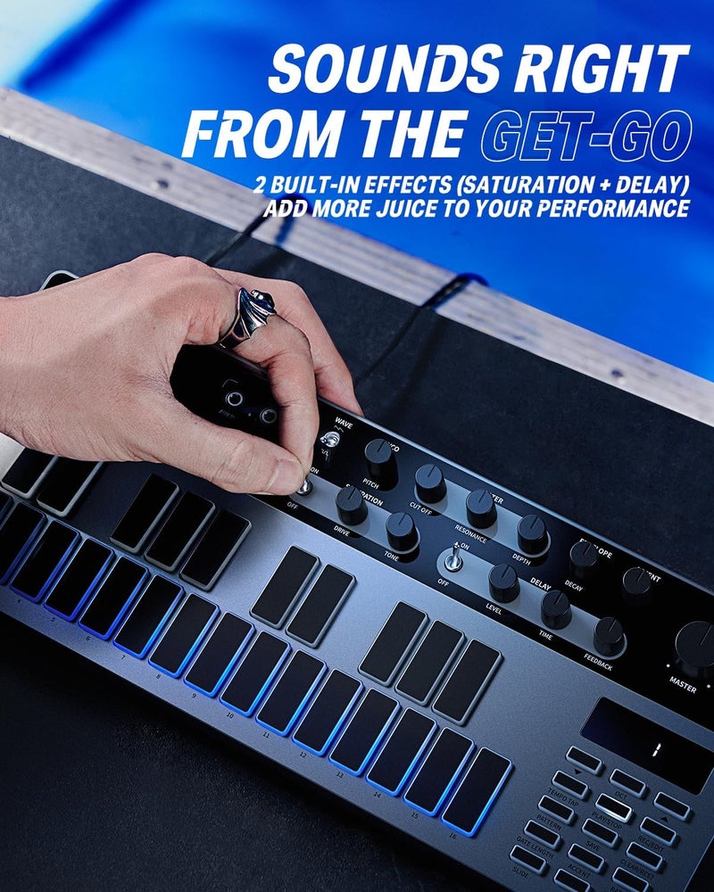 Donner SYN BASS Analog Synthesizer and Sequencer with 128 Patterns, Saturation and Delay Effects, LED Display, MIDI IN/OUT - Image 5