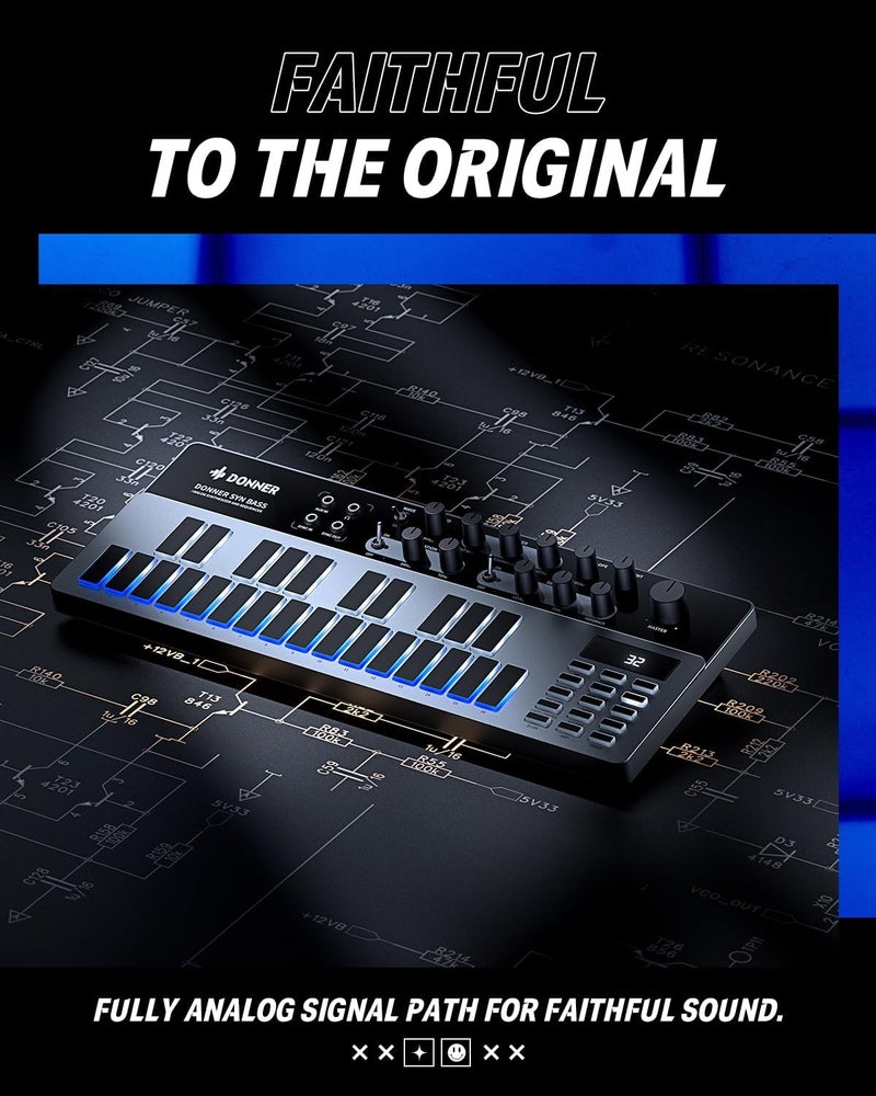 Donner SYN BASS Analog Synthesizer and Sequencer with 128 Patterns, Saturation and Delay Effects, LED Display, MIDI IN/OUT - Image 4