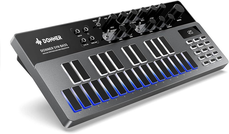 Donner SYN BASS Analog Synthesizer and Sequencer with 128 Patterns, Saturation and Delay Effects, LED Display, MIDI IN/OUT - Image 1