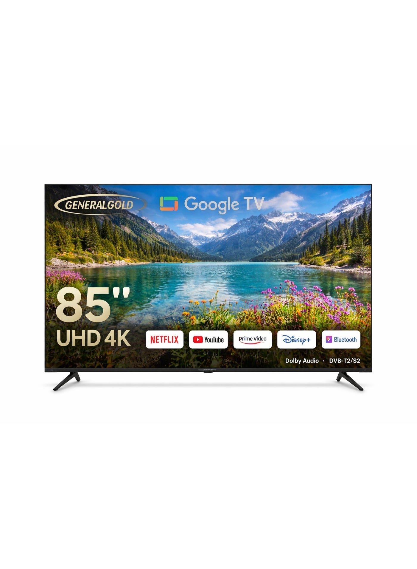 General Gold 85 Inch UHD 4K Smart TV with Google TV, Frameless LED Display, 2GB RAM 64GB Storage, Dolby Audio, Bluetooth, DVB-T2/S2 Receiver, 3 HDMI 2 USB, Voice Control, Netflix YouTube Prime Video