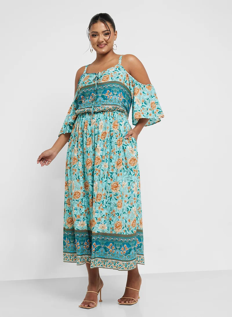 Ginger Plus Floral Cold-Shoulder Dress