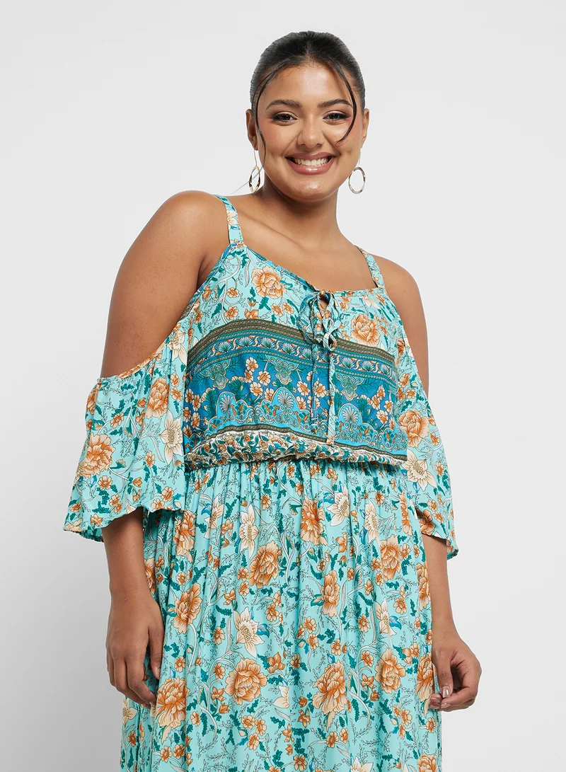 Ginger Plus Floral Cold-Shoulder Dress