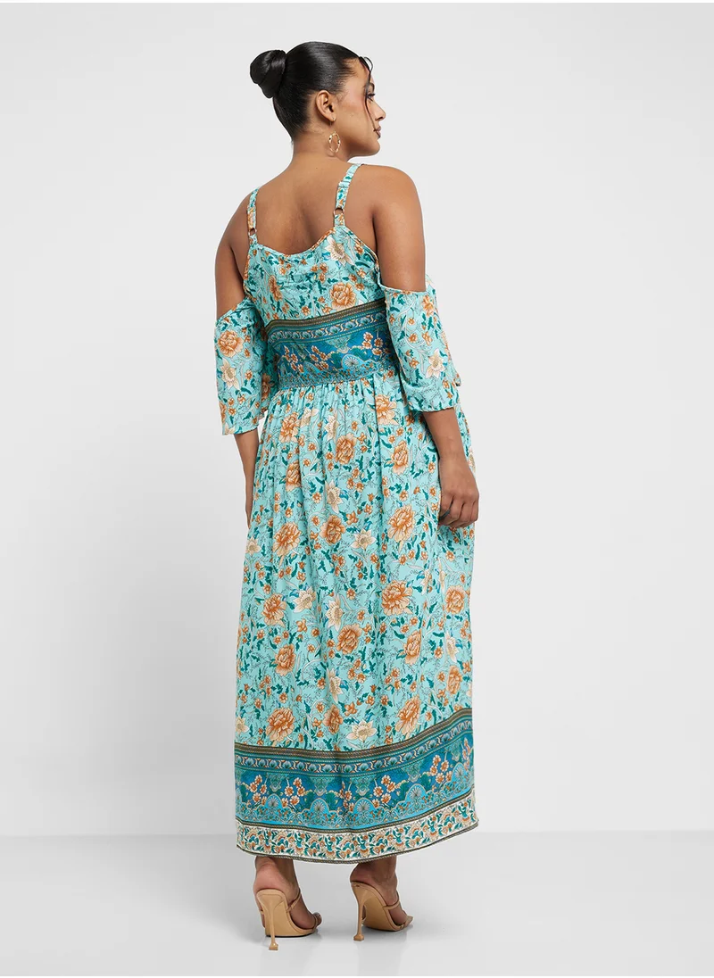 جينجر بلس Cold Shoulder Printed Maxi Dress