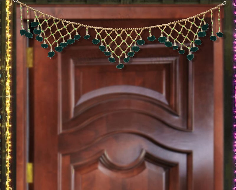 Evisha Golden Pearl Green Pom Pom Door Hanging Toran Bandhanwar for Diwali Decoration Home Decor3 Ft - Image 1