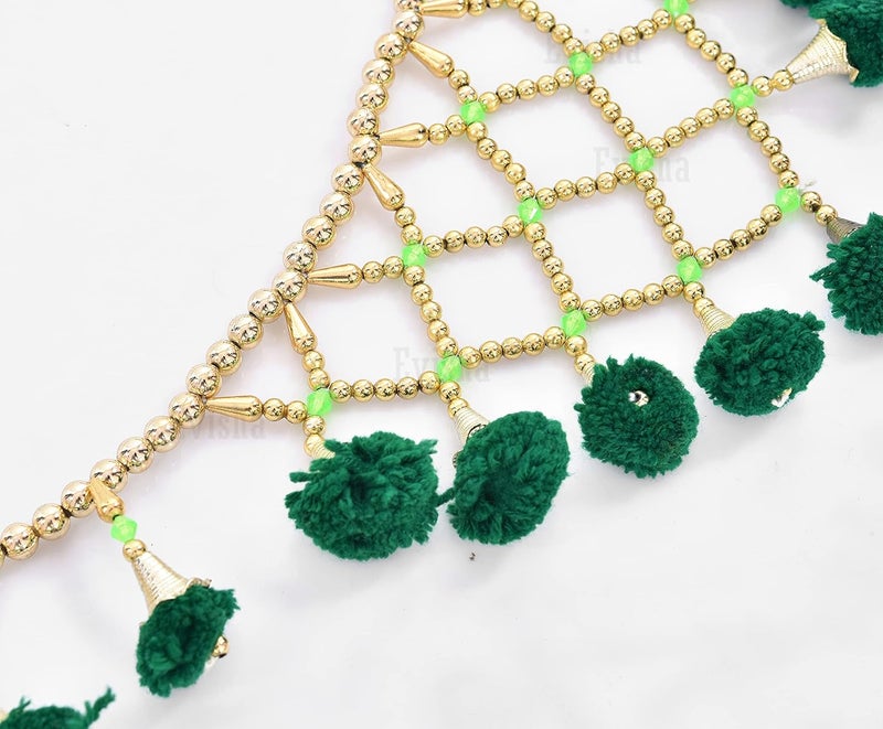 Evisha Golden Pearl Green Pom Pom Door Hanging Toran Bandhanwar for Diwali Decoration Home Decor3 Ft - Image 3