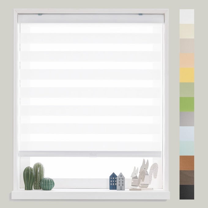 FOIRESOFT Standard Cordless Custom Zebra Roller Shades and Blinds Basic White W 27 x H 48 inch Dual Layer Sheer for Day and Night Light Control Privacy 20 to 105 in Height