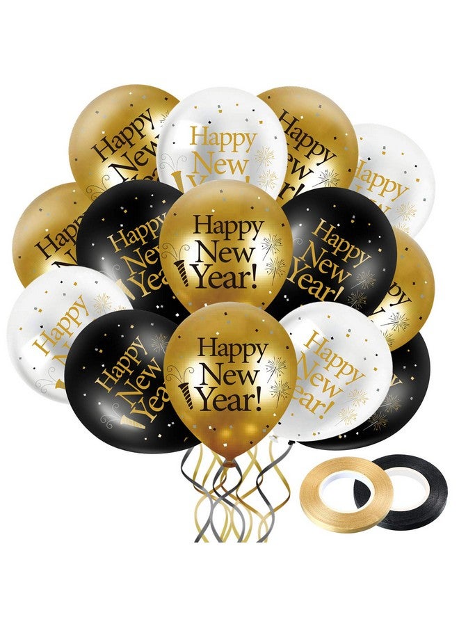 Blulu 45 Pieces 12 Inch Happy New Year Latex Balloons, White Gold Black New Year Party Latex Balloon with 2 Pieces Black and Gold Ribbon Decorations for 2025 New Year's Eve Party Indoor Outdoor Supplies - Image 1