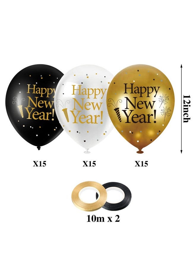Blulu 45 Pieces 12 Inch Happy New Year Latex Balloons, White Gold Black New Year Party Latex Balloon with 2 Pieces Black and Gold Ribbon Decorations for 2025 New Year's Eve Party Indoor Outdoor Supplies - Image 2