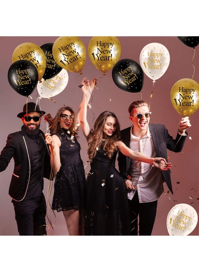 Blulu 45 Pieces 12 Inch Happy New Year Latex Balloons, White Gold Black New Year Party Latex Balloon with 2 Pieces Black and Gold Ribbon Decorations for 2025 New Year's Eve Party Indoor Outdoor Supplies - Image 4