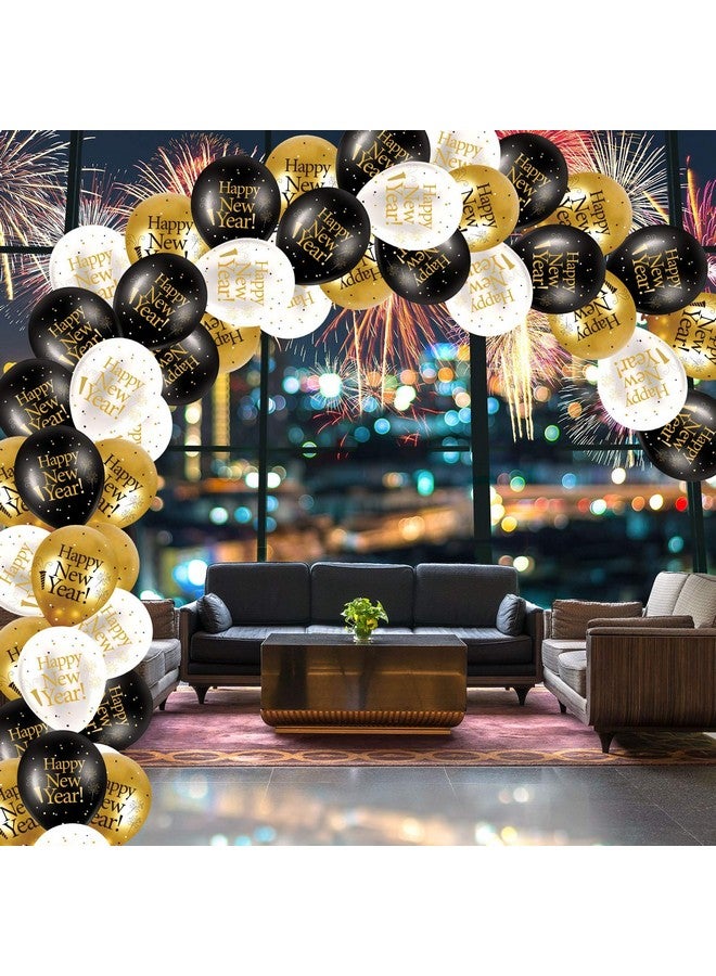 Blulu 45 Pieces 12 Inch Happy New Year Latex Balloons, White Gold Black New Year Party Latex Balloon with 2 Pieces Black and Gold Ribbon Decorations for 2025 New Year's Eve Party Indoor Outdoor Supplies - Image 5