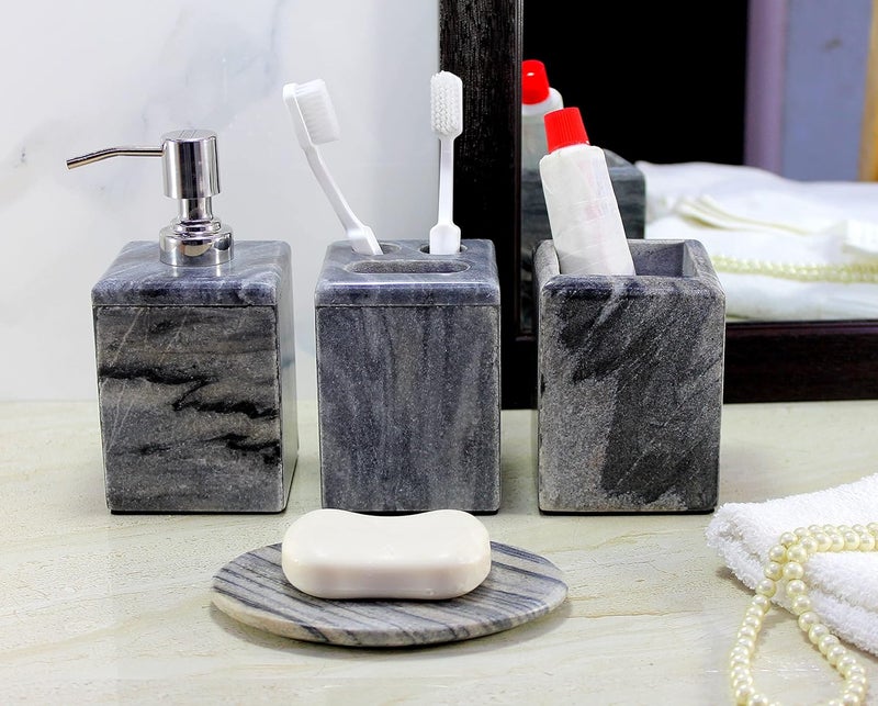 KLEO Bathroom Accessory Set Natural BlackGrey Stone Bath Accessories Set of 4 Includes Soap Dispenser Toothbrush Holder Utility and Soap Dish - Image 1