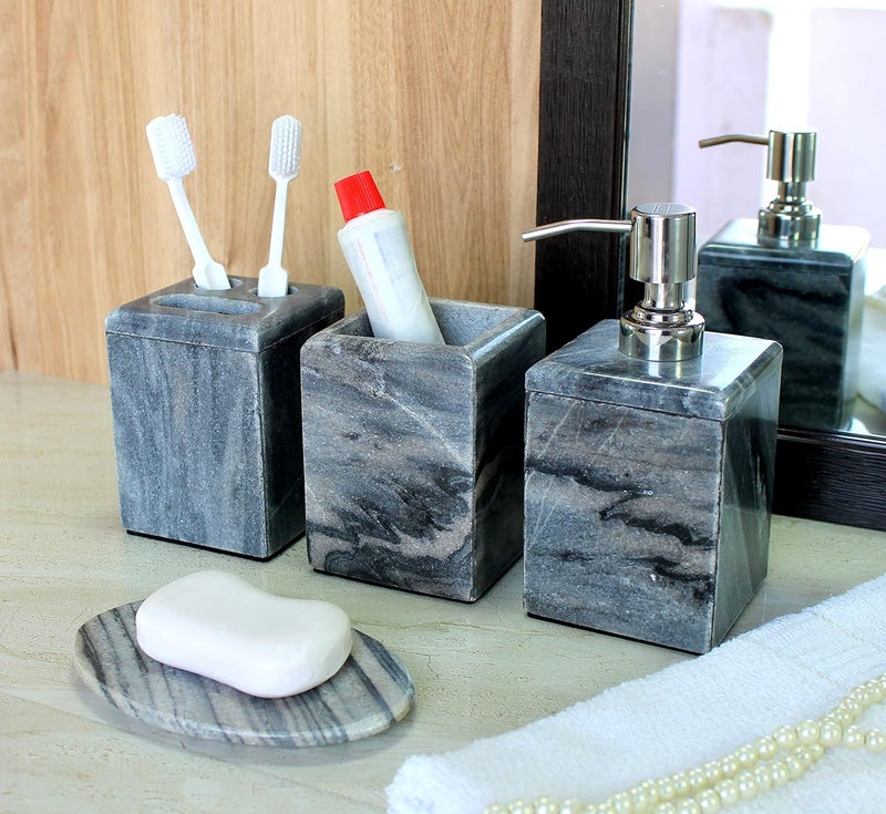 KLEO Bathroom Accessory Set Natural BlackGrey Stone Bath Accessories Set of 4 Includes Soap Dispenser Toothbrush Holder Utility and Soap Dish - Image 2