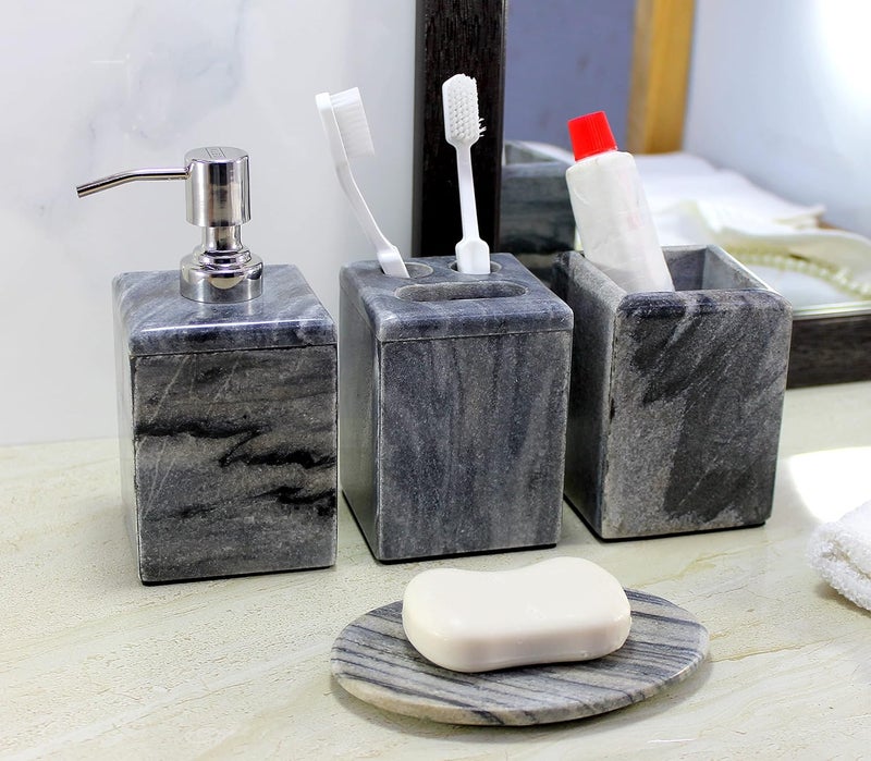 KLEO Bathroom Accessory Set Natural BlackGrey Stone Bath Accessories Set of 4 Includes Soap Dispenser Toothbrush Holder Utility and Soap Dish - Image 3
