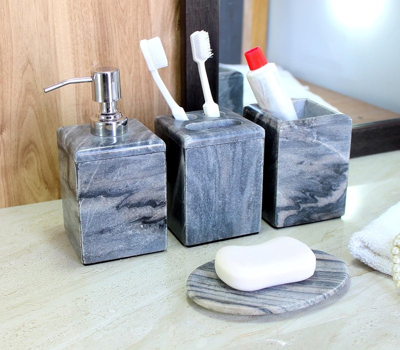 KLEO Bathroom Accessory Set Natural BlackGrey Stone Bath Accessories Set of 4 Includes Soap Dispenser Toothbrush Holder Utility and Soap Dish - Image 4