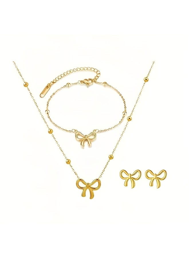 Elegant 4-Piece Bowknot Jewelry Set for Women - Gold Plated Stainless Steel Ribbon Bow Pendant Necklace, Adjustable Bracelet & Stud Earrings - Stylish Accessories Gift Set - Image 1