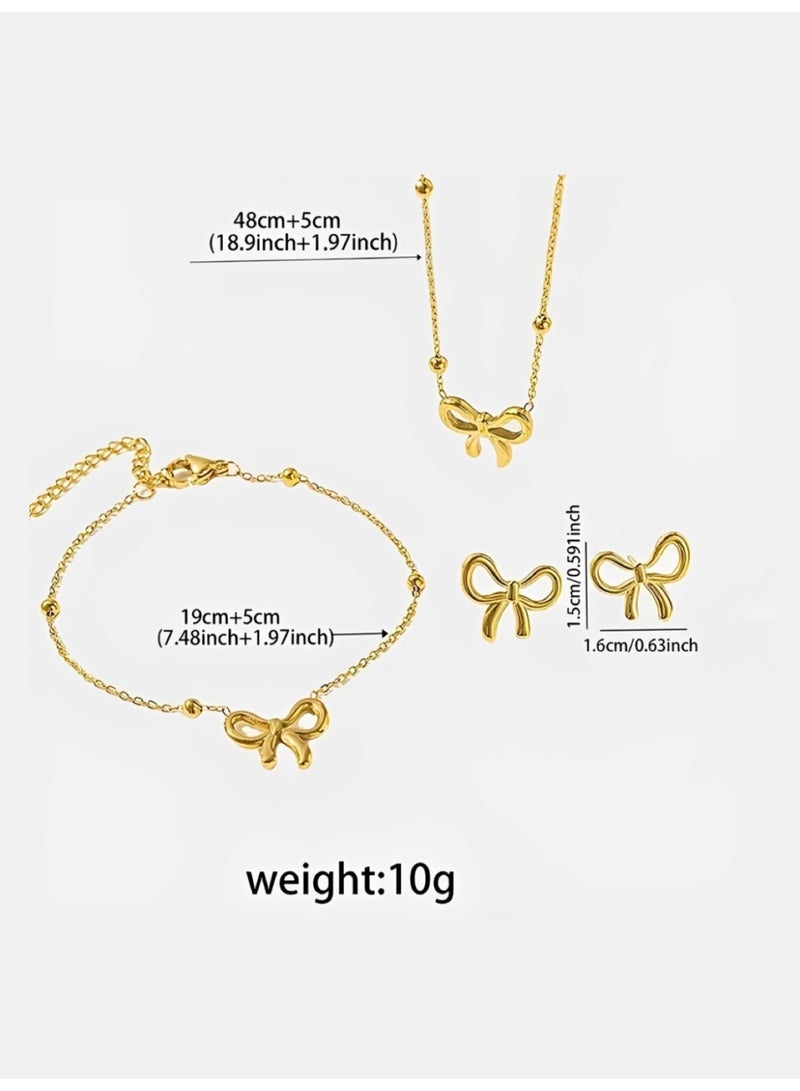 Elegant 4-Piece Bowknot Jewelry Set for Women - Gold Plated Stainless Steel Ribbon Bow Pendant Necklace, Adjustable Bracelet & Stud Earrings - Stylish Accessories Gift Set - Image 2