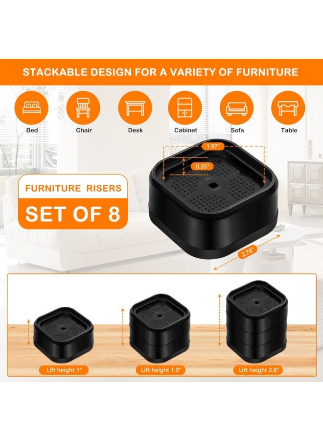 SUNSAR 8 Pack Furniture Risers Adjustable Bed Risers Heavy Duty Lifts Height 1 or 2 Inch, Square Stackable Bed Risers 1, 2 or 3 Inch for Desk Leg Table Couch Sofa Chair Bed Frame Legs Dorm, Black - Image 2