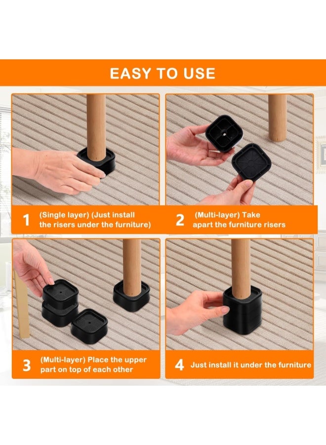 SUNSAR 8 Pack Furniture Risers Adjustable Bed Risers Heavy Duty Lifts Height 1 or 2 Inch, Square Stackable Bed Risers 1, 2 or 3 Inch for Desk Leg Table Couch Sofa Chair Bed Frame Legs Dorm, Black - Image 3