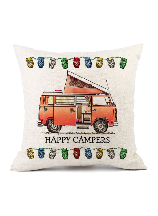 كيس مخدة مطبوع بعبارة Happy Campers بيج/برتقالي/أزرق 45x45سم