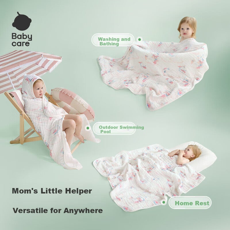 JD Jing Zao Babycare Baby Bath Towel, Newborn Bamboo Cotton Gauze Bath Cloth, No Hood, 115115cm, Whale Joy Car Desig - Image 2