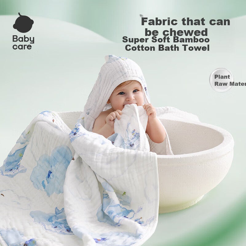 JD Jing Zao Babycare Baby Bath Towel, Newborn Bamboo Cotton Gauze Bath Cloth, No Hood, 115115cm, Whale Joy Car Desig - Image 1